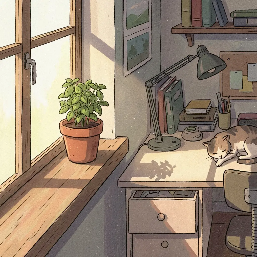 A small basil pot sitting on a windowsill next to a desk
