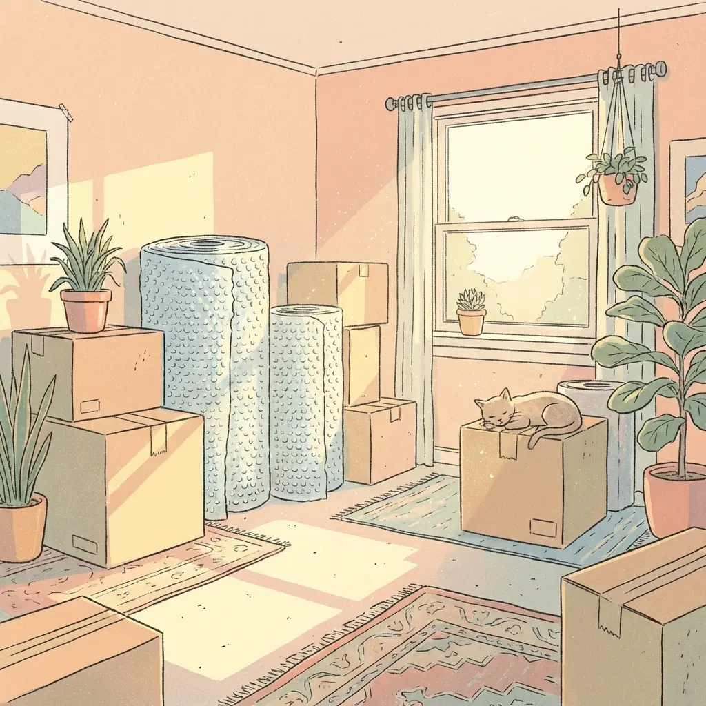 Moving boxes and bubble wrap rolls in a sunlit room