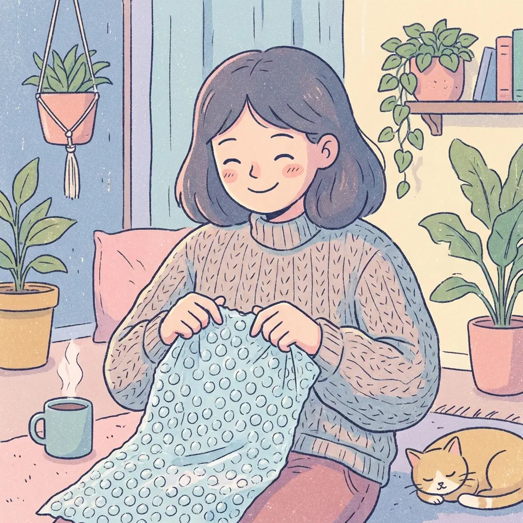 A lo-fi style illustration of a person popping bubble wrap with joy