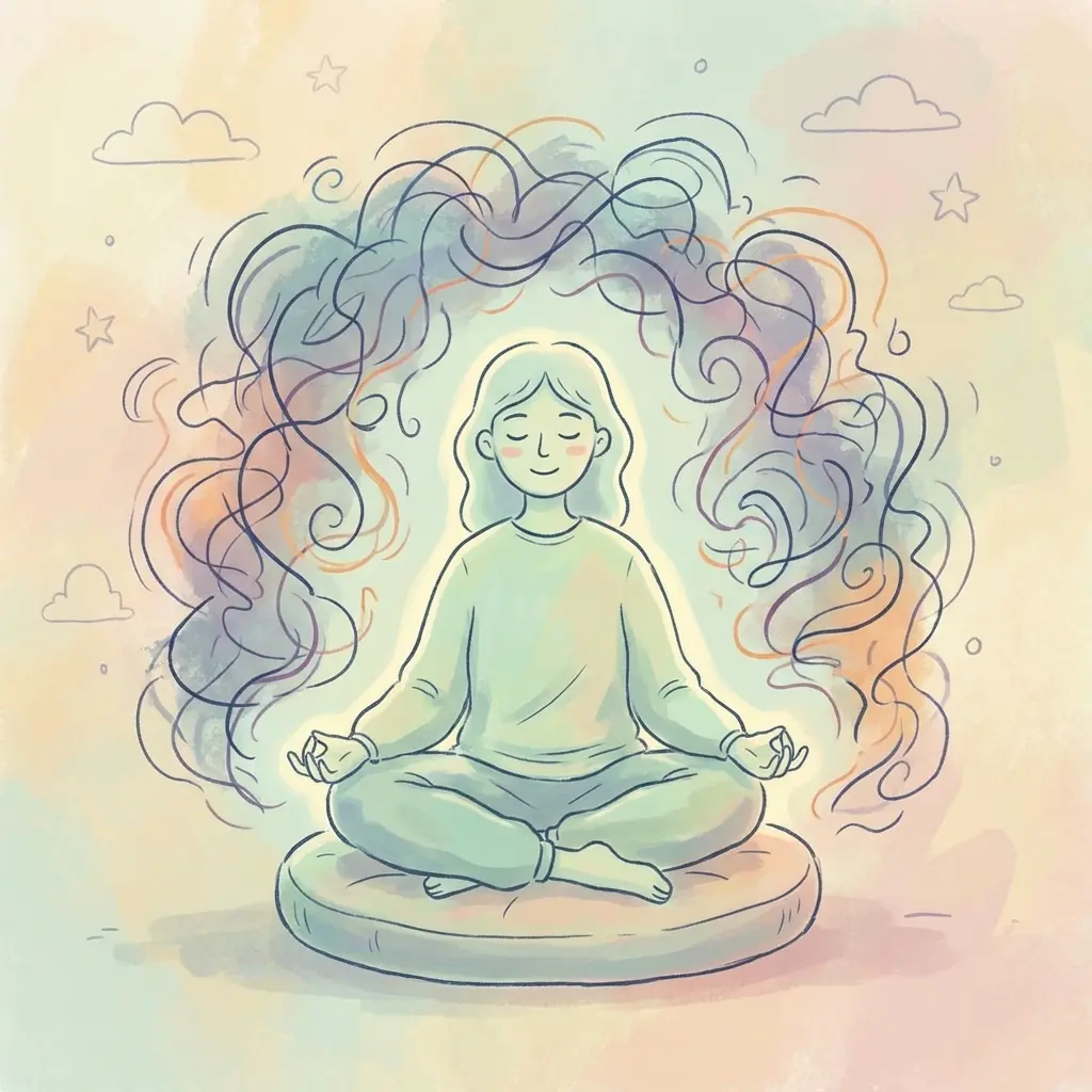 Person sitting calmly and breathing deeply amidst abstract swirling lines