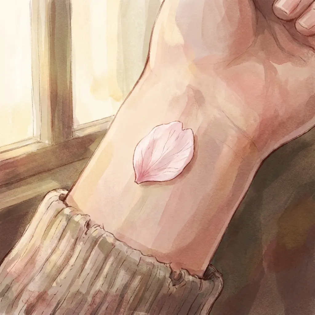 A delicate cherry blossom petal resting on a wrist