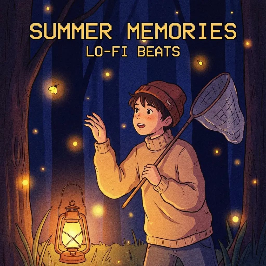 A lo-fi style illustration of a person chasing fireflies in a dark forest at night