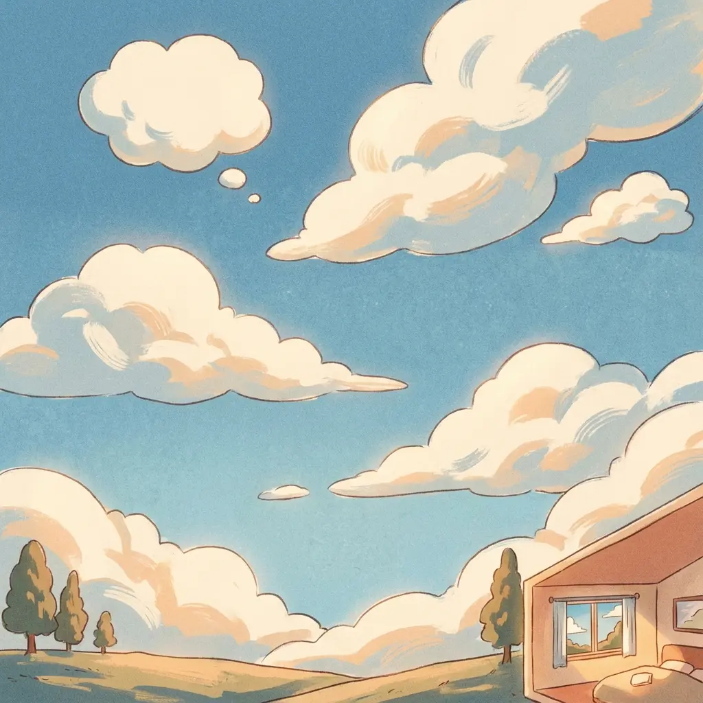 Peaceful sky with clouds drifting away, representing thoughts floating by