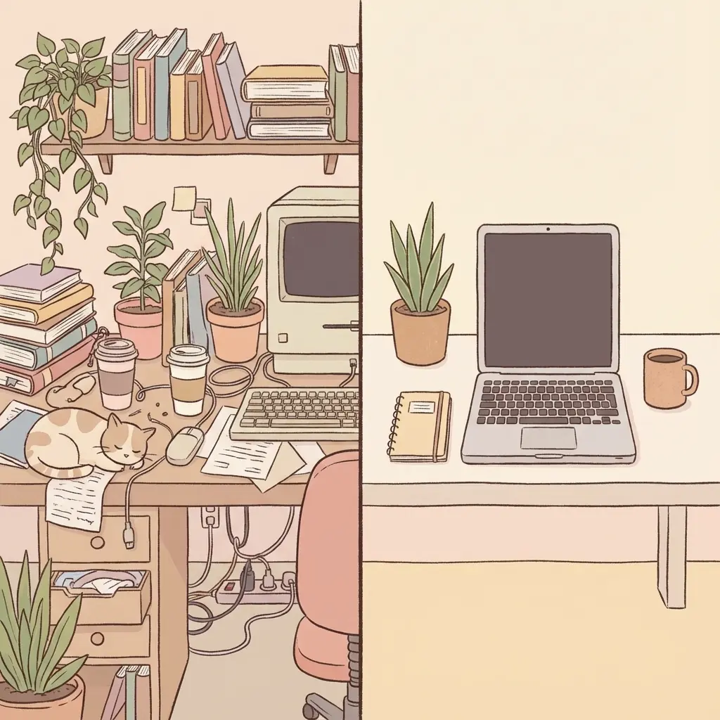 Comparison of a cluttered workspace versus an organized minimalist desk