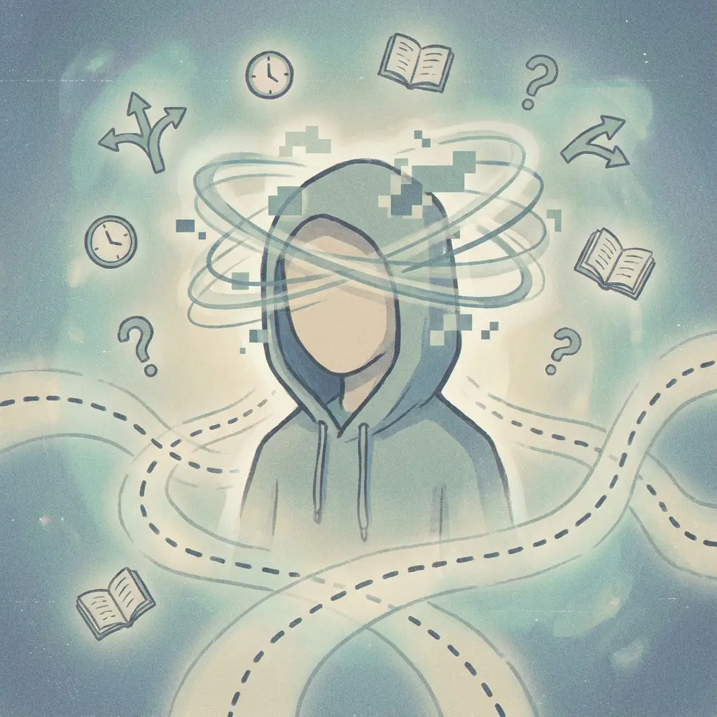 Abstract representation of many floating choices overwhelming a person