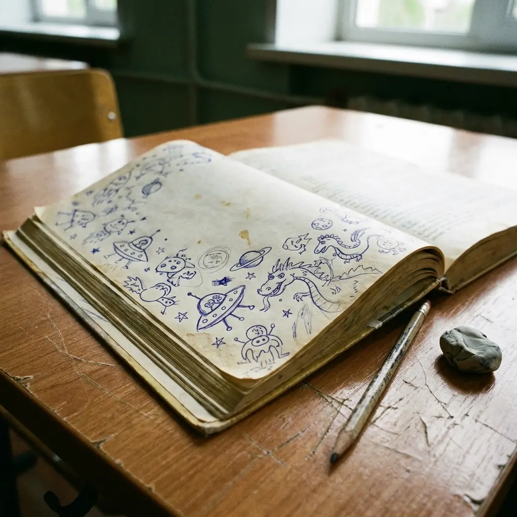 Lofi style illustration of a school textbook margin filled with imaginative doodles