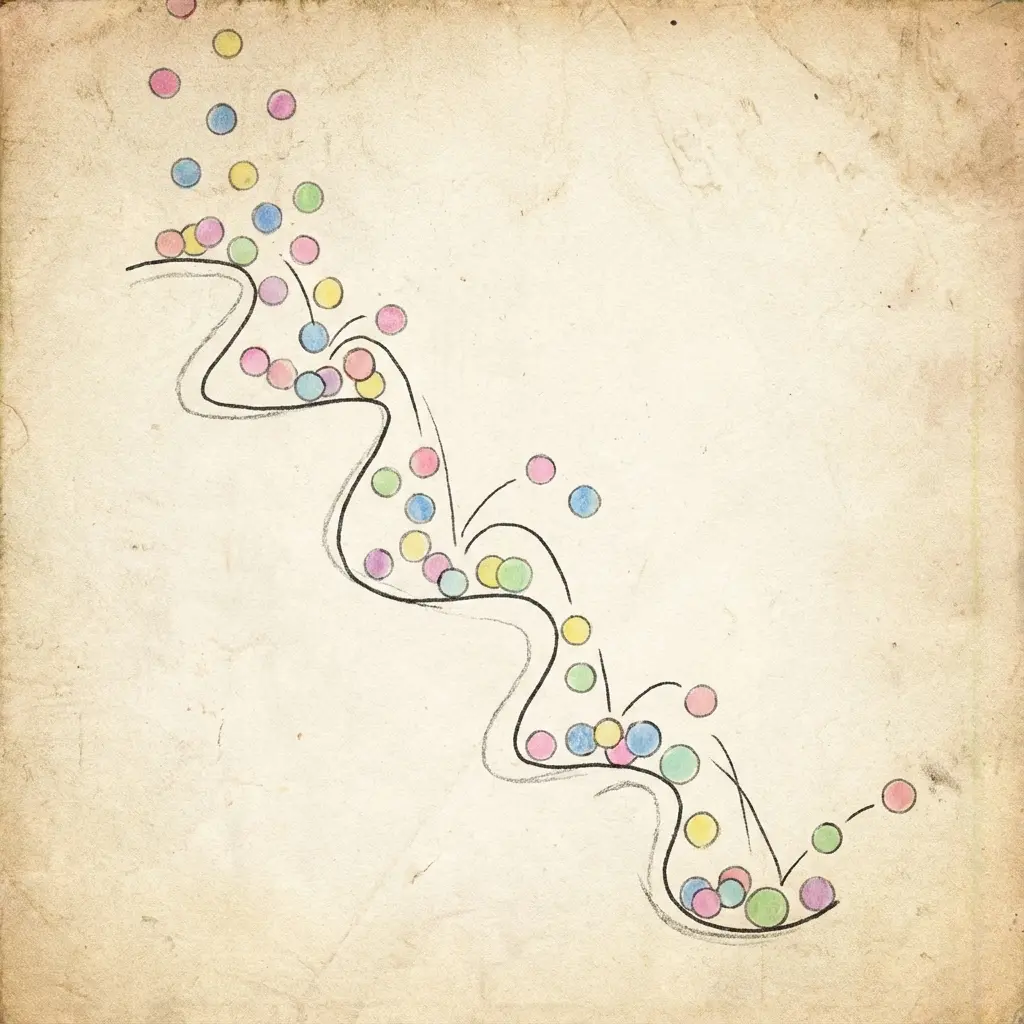 Colorful pastel dots falling and bouncing off lines in a physics simulation