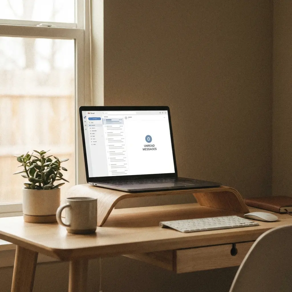 Lofi style minimalist desk workspace with computer screen showing zero inbox