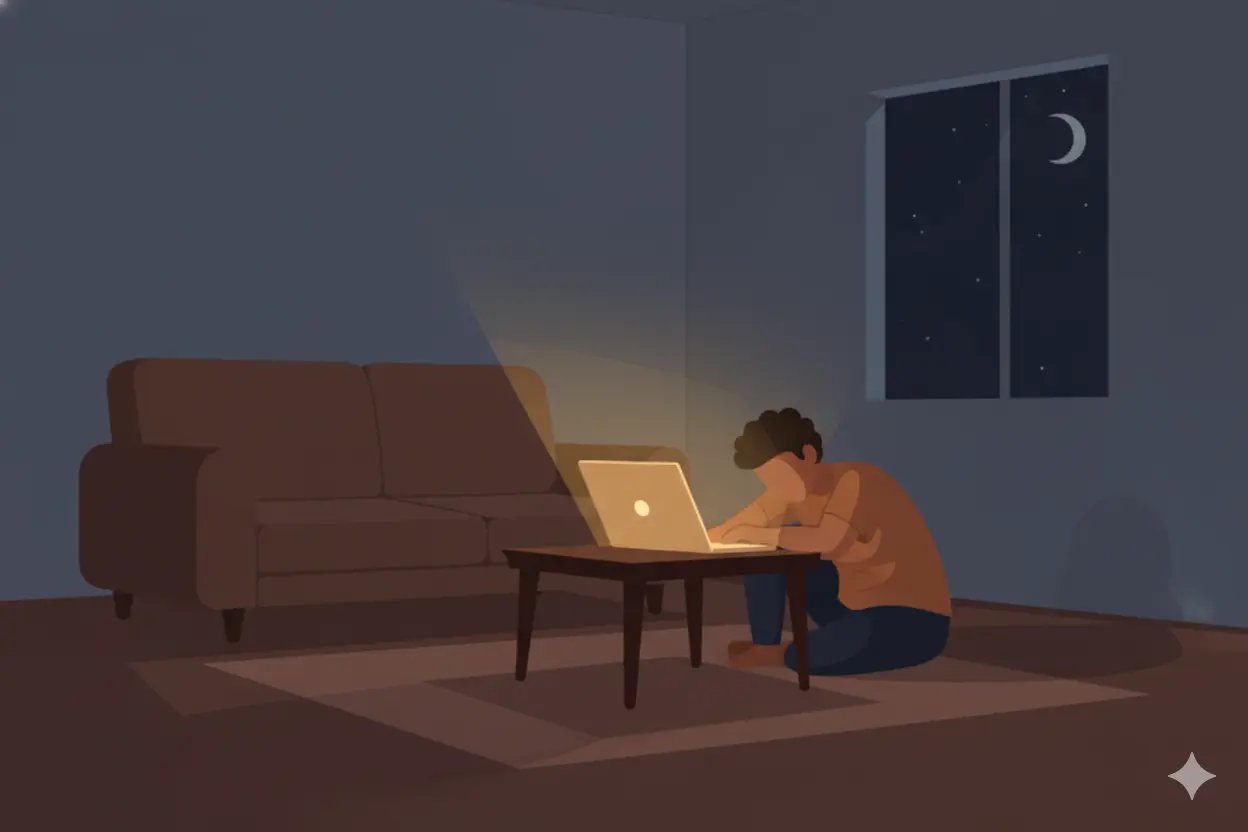 Open laptop glowing in a dark living room at night, representing burnout and open laptop syndrome
