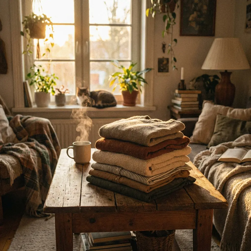 Pile of neatly folded laundry on a table with warm sunlight streaming through window