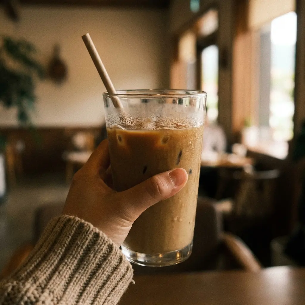 Close up of a hand holding a glass of iced coffee with condensation droplets