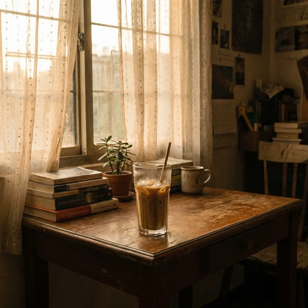 Morning iced coffee on a wooden table by a window with sunlight filtering through