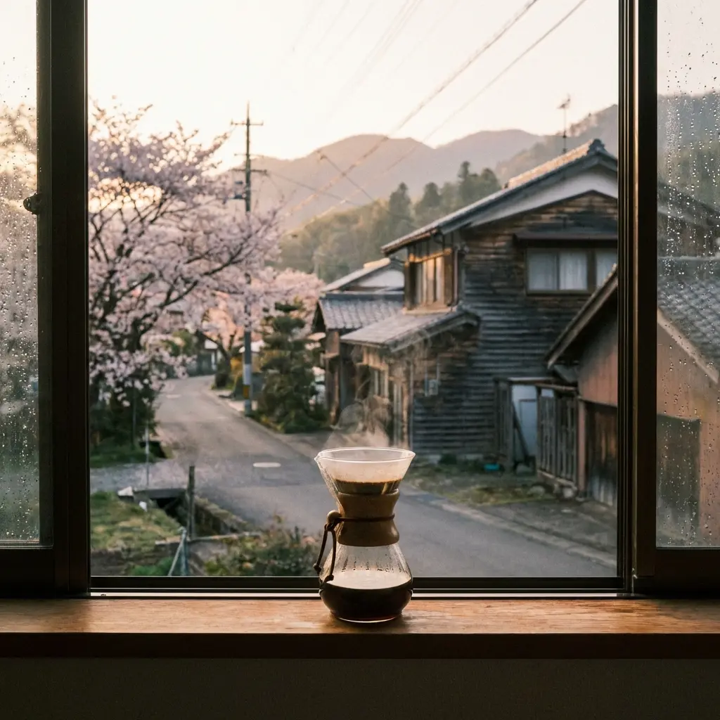 View from a window with a glass of coffee