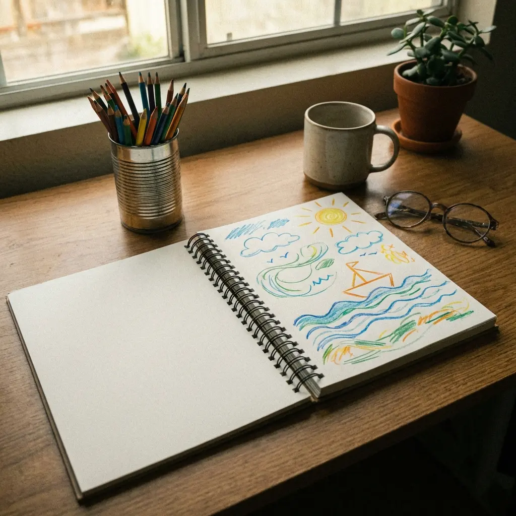 Lofi style open notebook with fresh colorful doodles