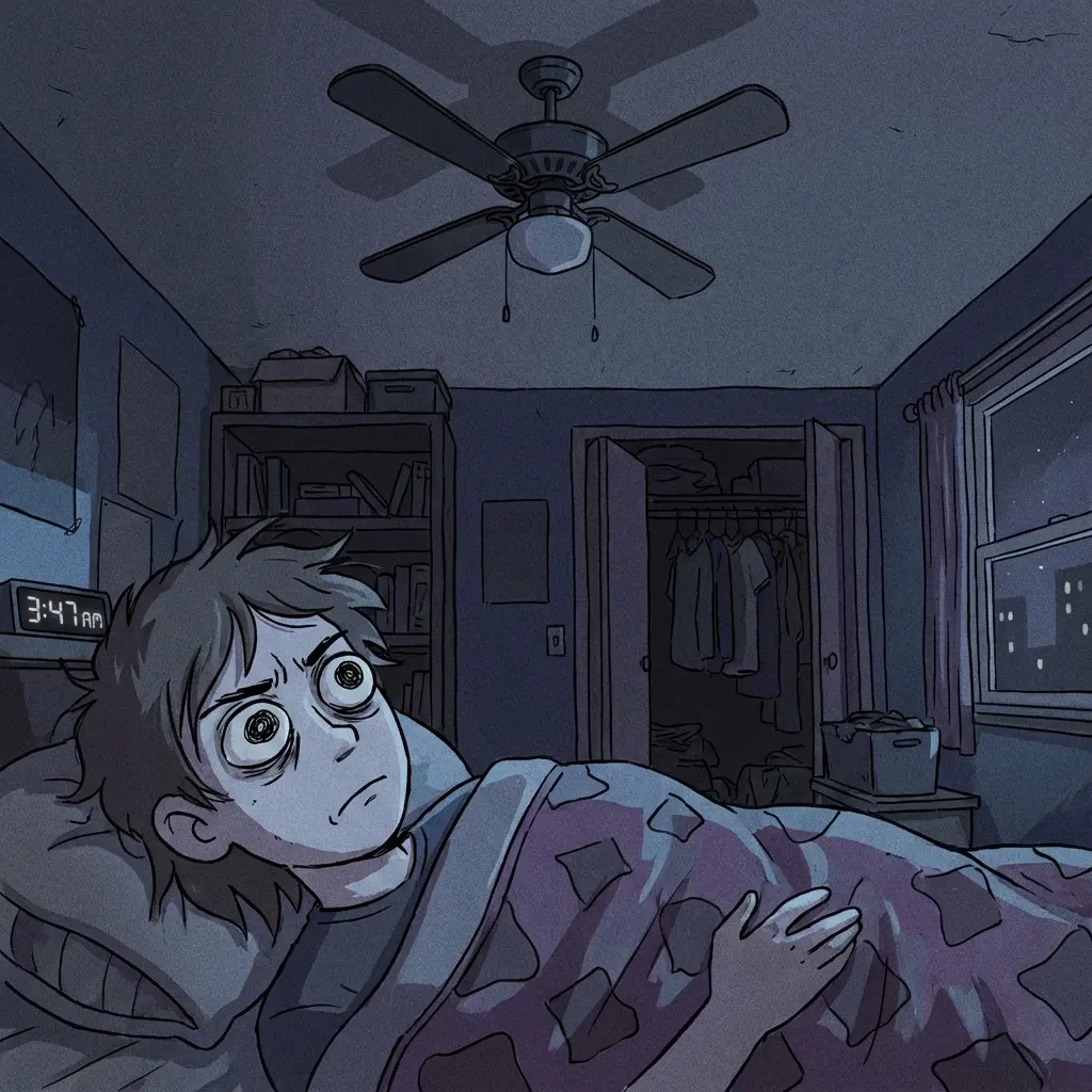 Person lying in bed wide awake staring at ceiling at night