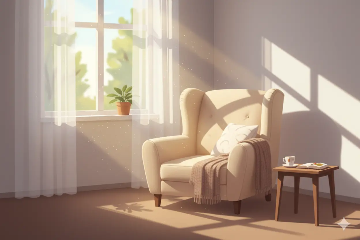 Empty comfortable chair in a quiet room with natural light