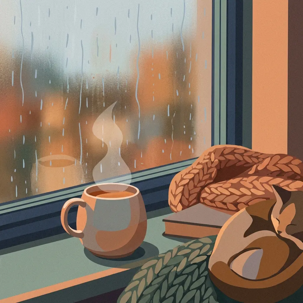 A lo-fi style illustration of a rainy window with a warm cup of tea