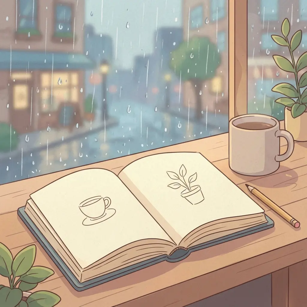 A journal and pen on a table with rainy background