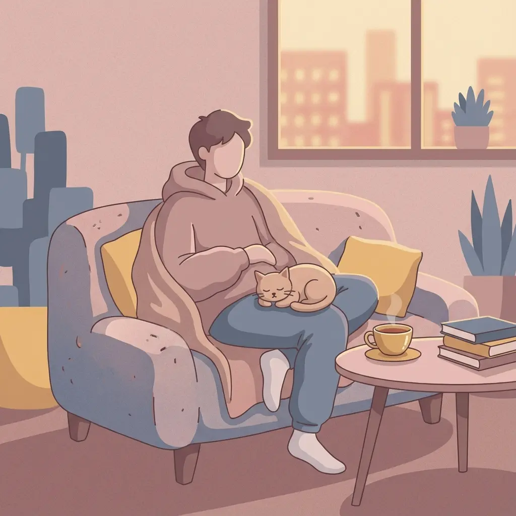 A person sitting peacefully on a couch, embracing lethargy