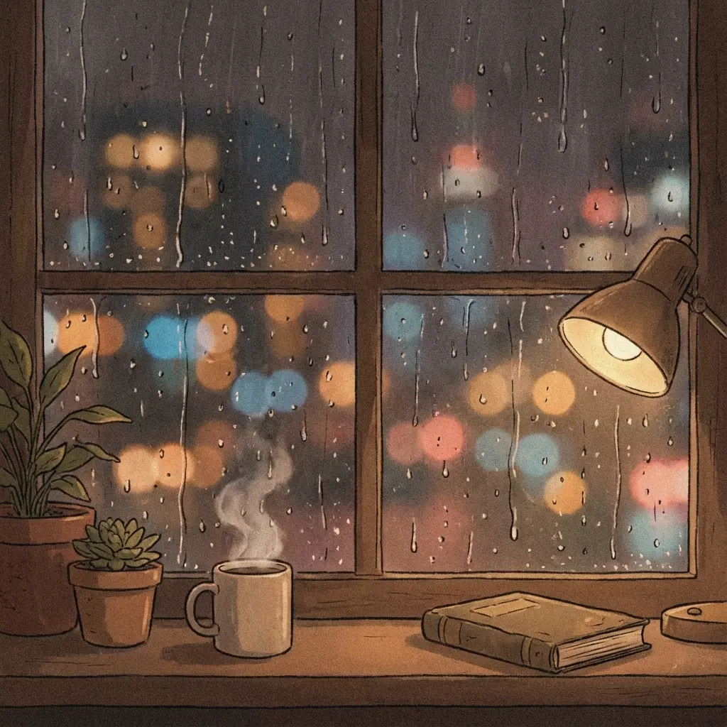 Lofi style illustration of a rainy window at night with blurred city lights