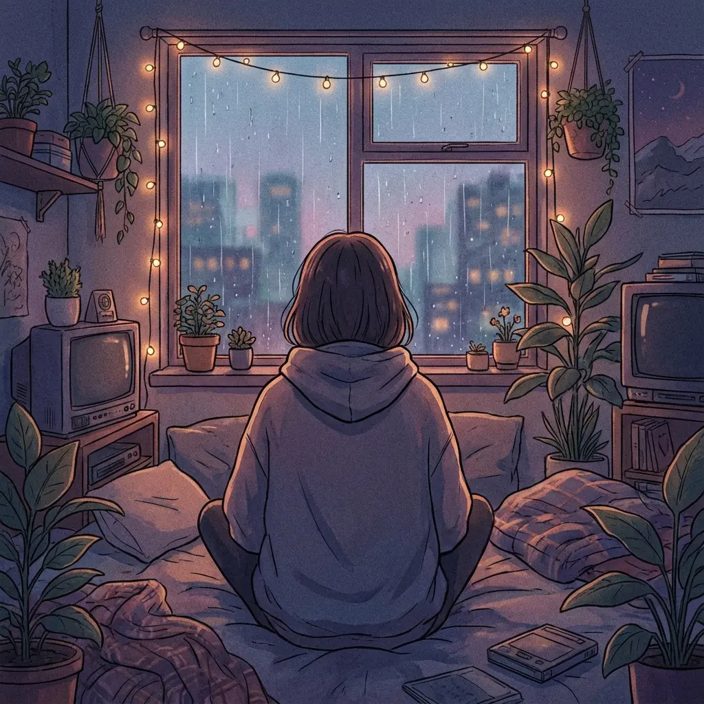 Person sitting quietly in a dimly lit room observing the rain