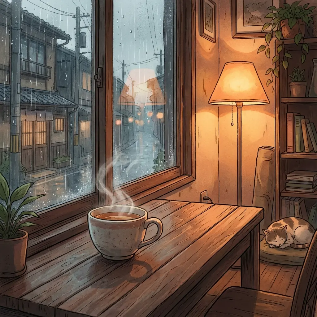 Steaming cup of tea on a wooden table by a rainy window