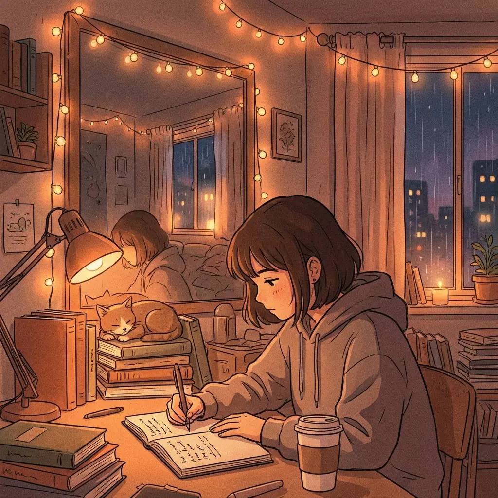 A cozy, lo-fi style illustration of a person writing in a journal in a dimly lit room