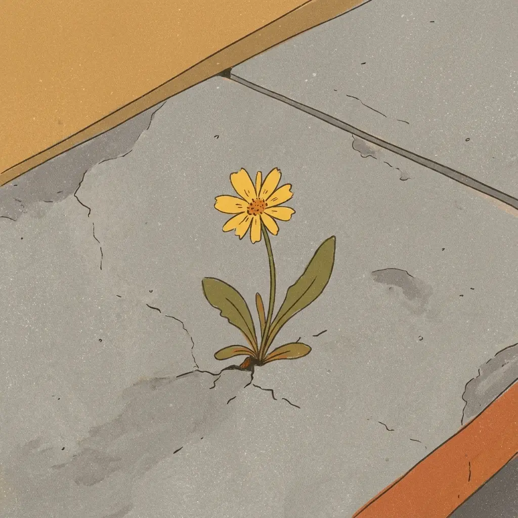 A lo-fi style illustration of a single small yellow wildflower blooming in a tiny crack in a gray concrete wall or pavement