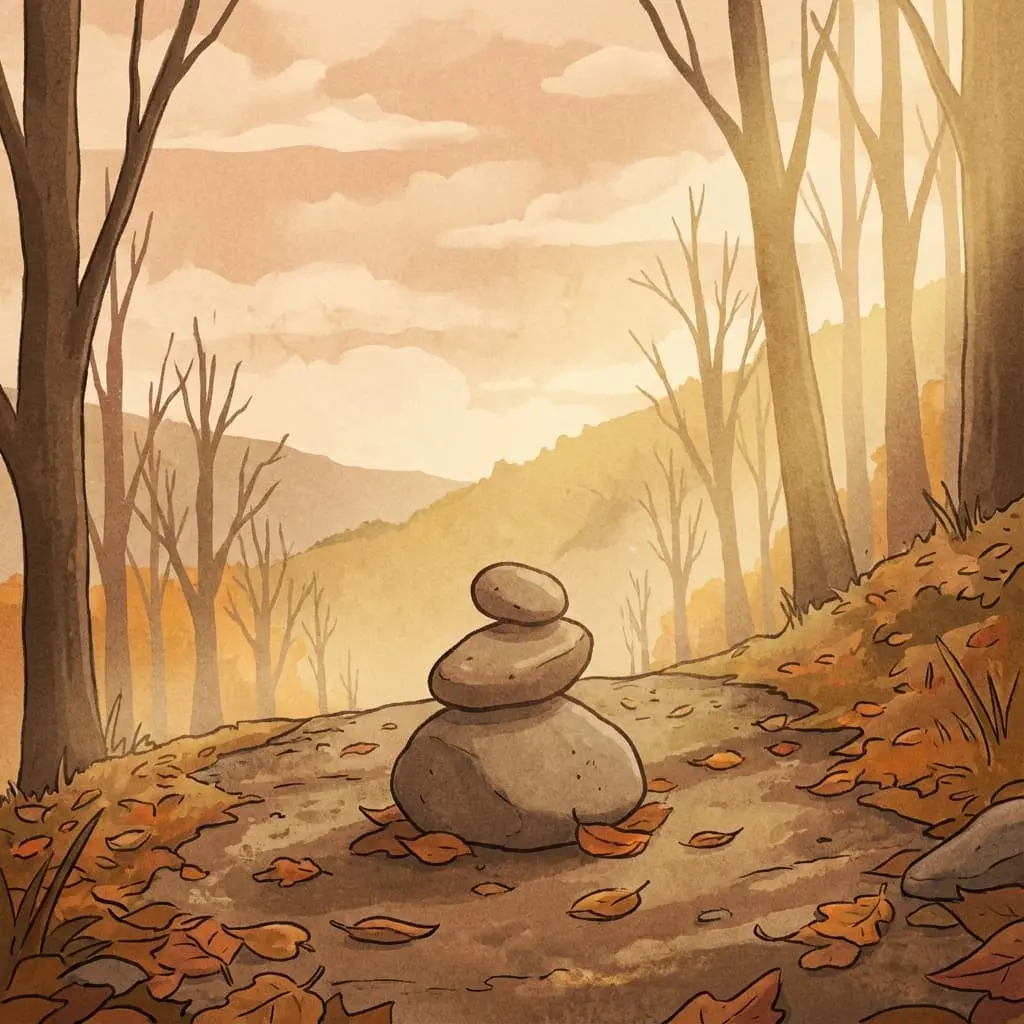Lo-fi style illustration of a small stack of balanced stones on a mountain trail