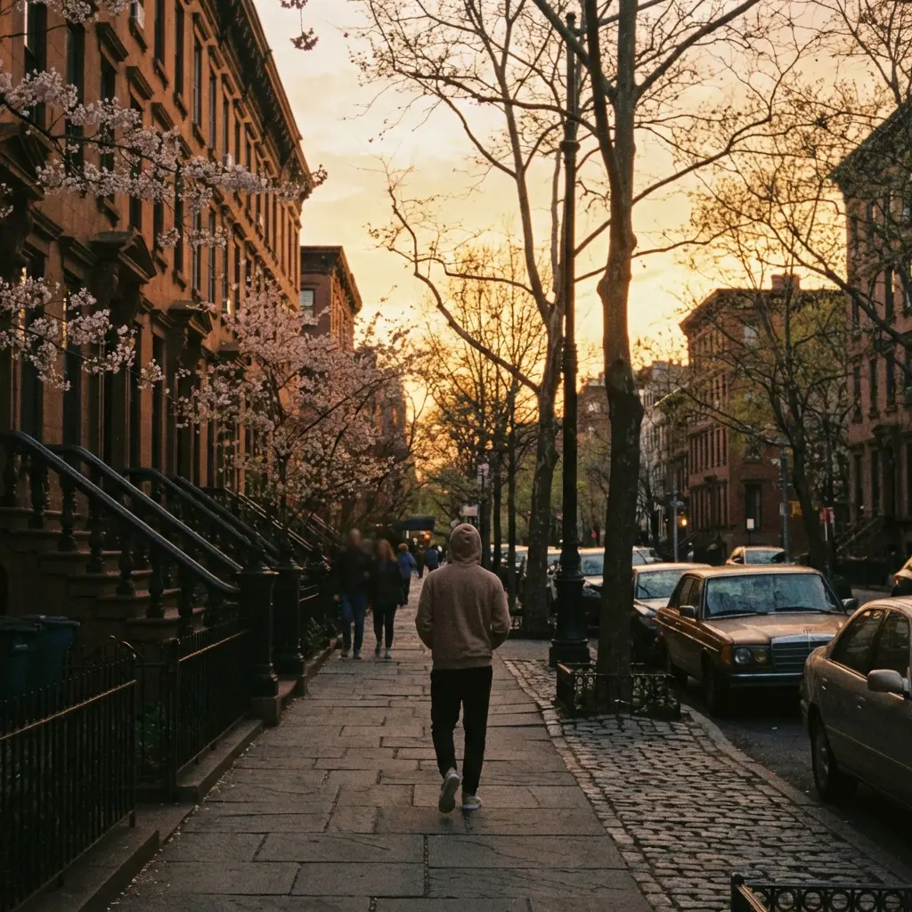 Walking home during the golden hour under a warm amber sky