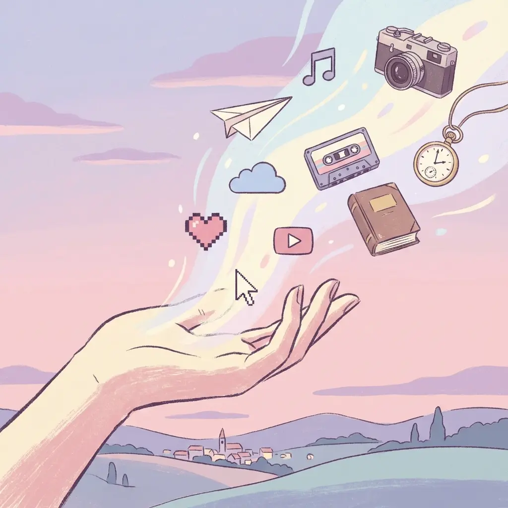 Illustration of a hand gently releasing floating digital icons and old objects into the sky