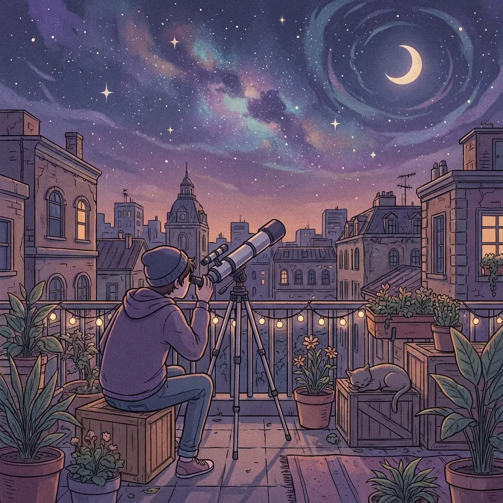 Lofi style illustration of a person looking up at stars through a telescope on a balcony
