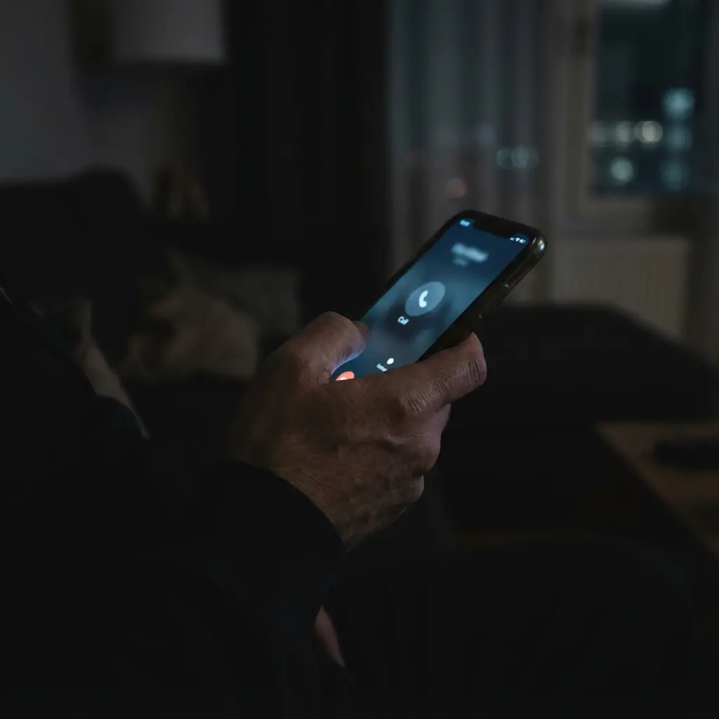 Hand holding a smartphone in a dark room, hesitating to press the call button