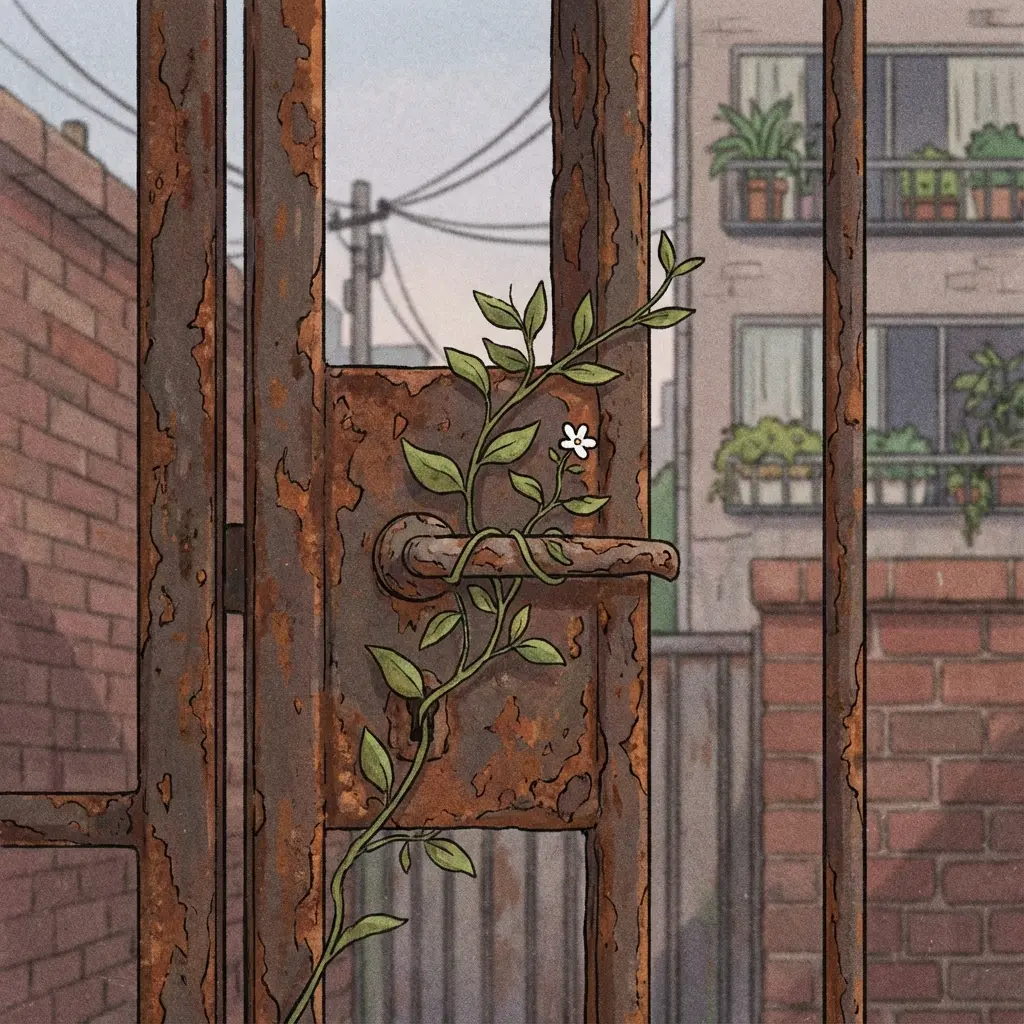 A small vine with a white flower wrapped around a rusty iron gate handle