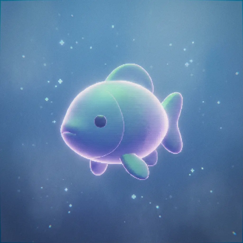 Close up of a stylized digital fish swimming in a blue void
