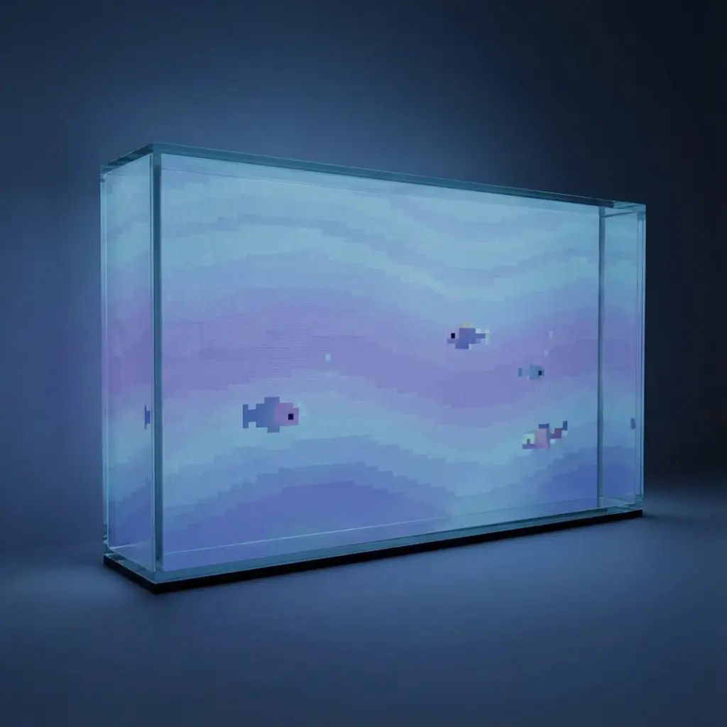 A peaceful, minimalist digital aquarium seen through a glass screen