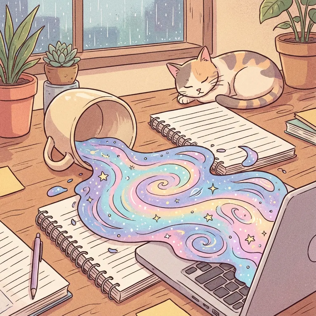 Abstract representation of a spilled coffee cup turning into a beautiful galaxy, symbolizing calm amidst chaos