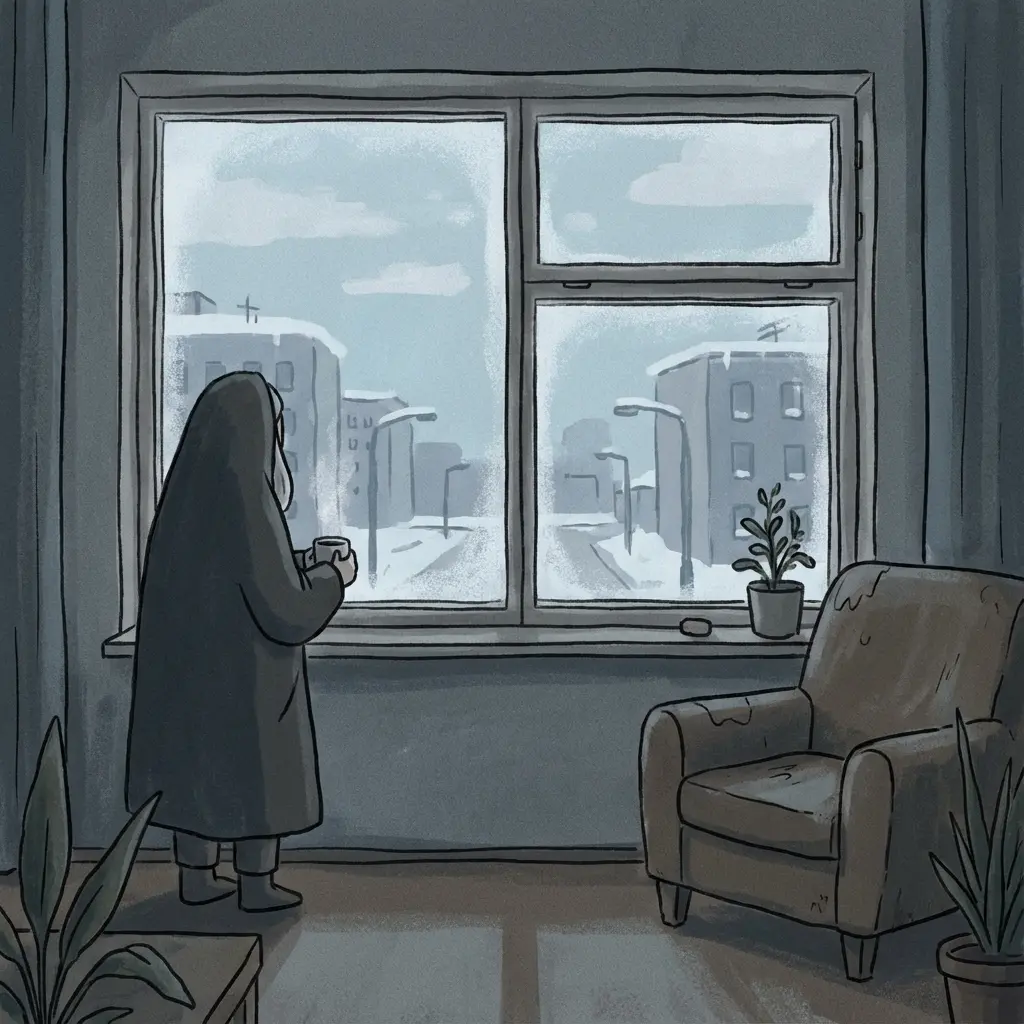 A lo-fi style illustration of a person looking out a window at a cold winter city