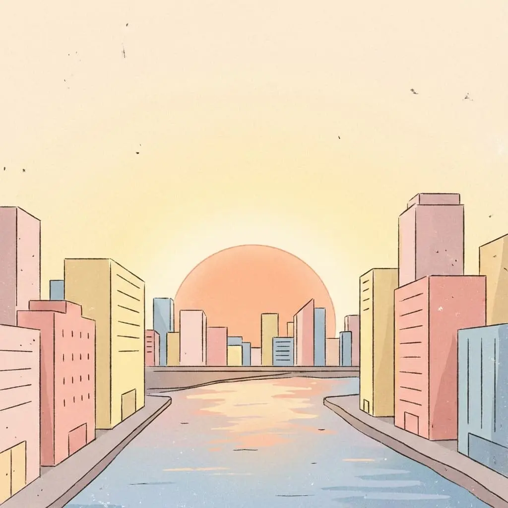 A gentle sunrise over a city, symbolizing new beginnings