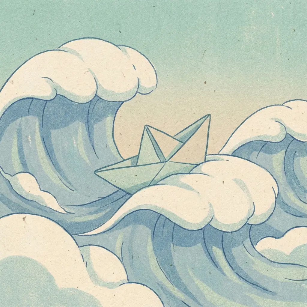 A paper boat navigating soft waves, symbolizing resilience